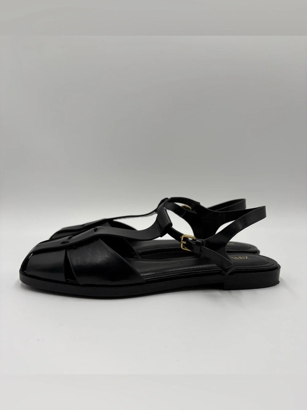 Zara Black Leather T-Strap Flat Sandals - Picture 4 of 6